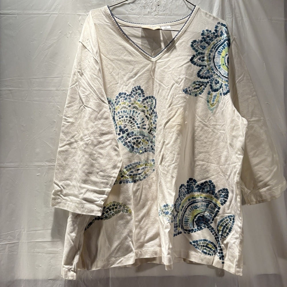 Alfred Dunner Size 2X Blue White Embroidered Floral Blouse 3/4 Sleeve V Neck